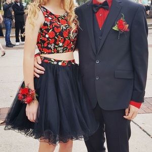 Two Piece Black and Red Floral Dress